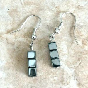 Minimalist Hematite Stone Earrings, Square Hematite Dangle Earrings